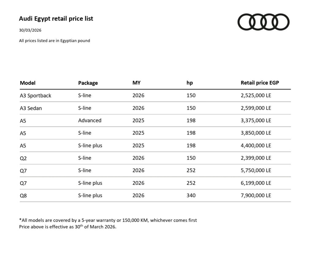 أسعار أودي 2026 في مصر بزيادات حتى 550 ألف جنيه