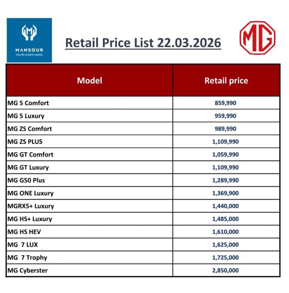 أسعار MG في مصر 2026: زيادات جديدة تصل إلى 100 ألف جنيه