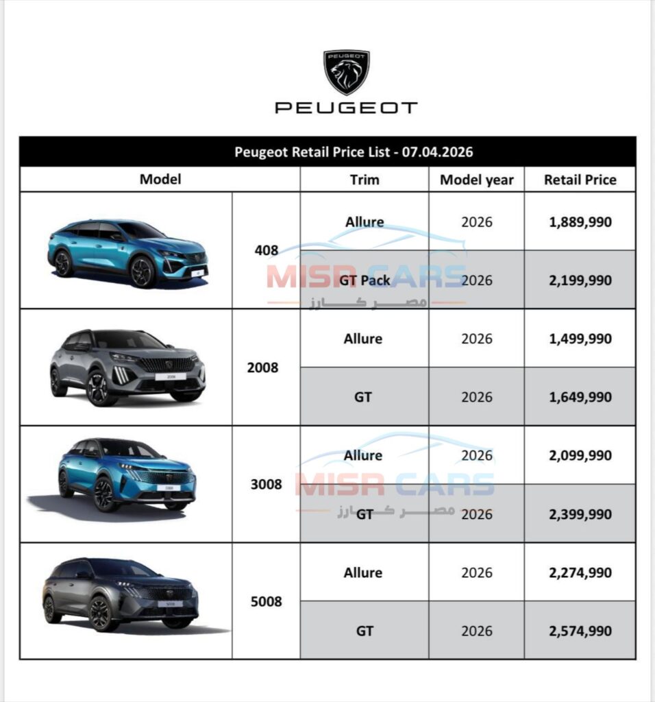 أسعار بيجو 2026 بعد الزيادة.. قفزة تصل لـ150 ألف جنيه