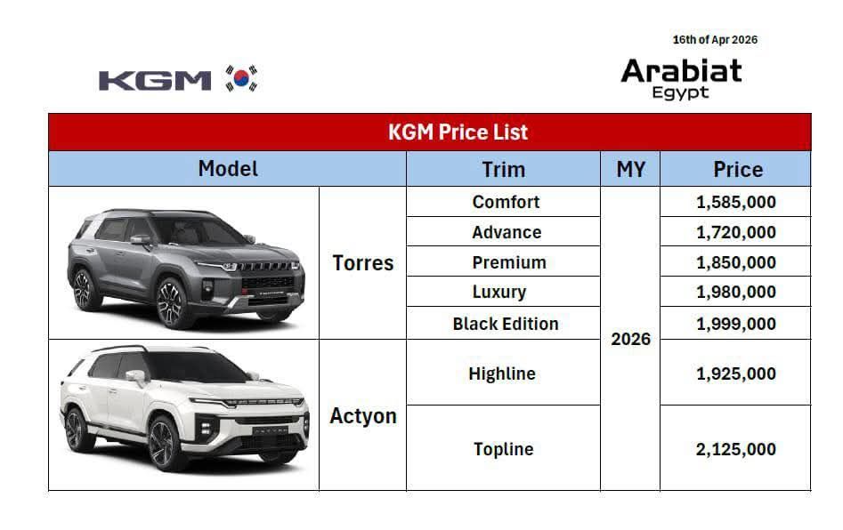 عربيات إيجيبت ترفع أسعار KGM في مصر