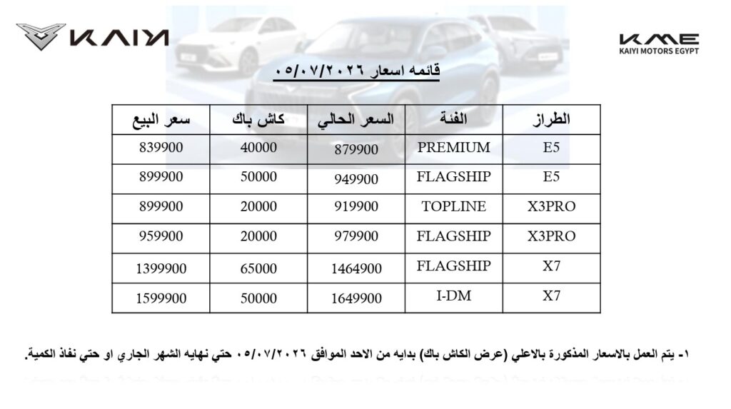 سيارات كايي في مصر بـ "كاش باك" يصل إلى 65 ألف جنيه
